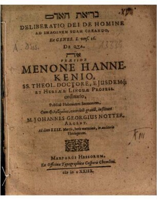 Deliberatio Dei De Homine Ad Imaginem Suam Creando : Ex Genes. I. vers. 26.