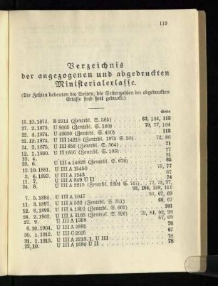 Verzeichnis der angezogenen und abgedruckten Ministerialerlasse