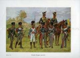 Uniformdarstellung, Infanteristen und Kavalleristen verschiedener deutscher Staaten, um 1815.