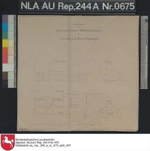Ansichten, Grundriß und Profil von der Müllerwohnung der Groothuser Mühle bei GROOTHUSEN Zeichnung von Steffen Papier Format 33,0x31,4 M 1:212