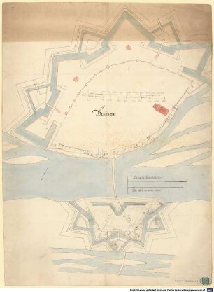 Entwürfe, Grundrisse (Ichnographie), stereometrische und szenographische Projektionen für eine Neubefestigung von Braunau am Inn/OÖ des 18. Jahrhunderts - BSB Cod.icon. 180 tl(11 : Entwurfszeichnung für die Neubefestigung von Braunau am Inn/OÖ Stadtbefestigung und Brückenkopf