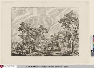 [Landschaft mit einer Schlossanlage rechts; Landscape with a castle to the right]