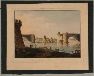 Die durch Napoleonische Truppen am 19. März 1813 gesprengte Augustusbrücke in Dresden