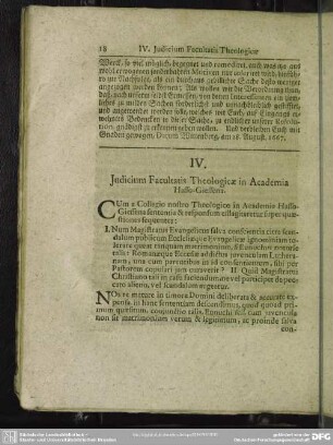 IV. Iudicium Facultatis Theologicae in Academia Hasso-Giessena