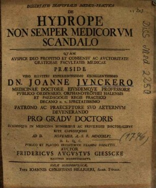 Dissertatio Inavgvralis Medico-Practica De Hydrope Non Semper Medicorvm Scandalo