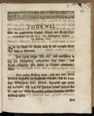 Journal Von der combinirten Kayserl. Königl. und Reichs-Executions-Armee vom 18. bis 23. Jun. Hauptquartier Eglsdorf bey Hofheim 1759