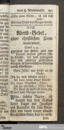 XVIII. Abend-Gebet, eines christlichen Communicanten.