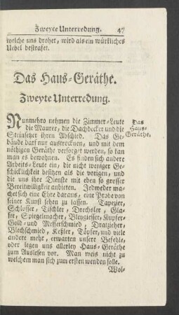 Das Haus Geräthe. Zweyte Unterredung.