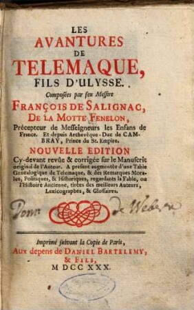 Les Avantures De Télémaque, Fils D'Ulysse