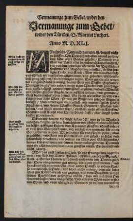 Vermanunge zum Gebet/ wider den Türcken/ D. Martini Lutheri.