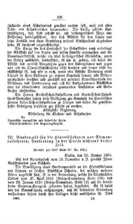 Gnadenzeit für die Hinterbliebenen von Elementarlehrern; Vertretung in der Stelle in dieser Zeit : [IV. Seminarien, Bildung der Lehrer und deren persönliche Verhältnisse]