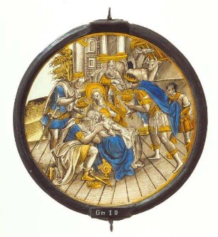 Kabinettscheibe mit der Anbetung der Hl. Drei Könige. Zugehörig zu einer Serie von vier Rundscheiben mit Szenen aus dem Leben Christi, vgl. Gm.020, Gm.035, Gm.038