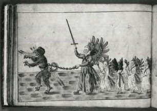 Erzengel Michael den Drachen führend. Blatt 65 aus "Kontrafactur des Ringrennens" unter Kurfürst August zur Fastnacht 1574. Deckfarben, 26 x 35,7 cm. Dresden, SLUB K.2