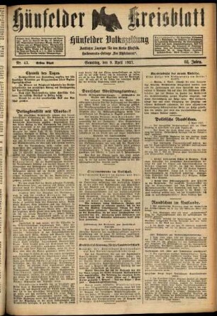 Erste Ausgabe vom Samstag, den 09. April 1927.