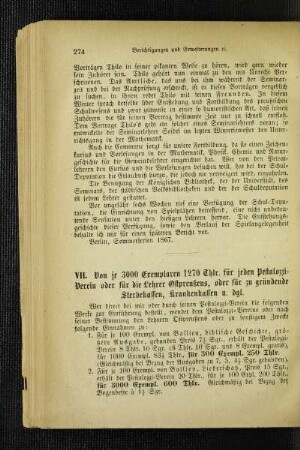 Von je 3000 Exemplaren 1270 Thlr. für jeden Pestalozzi-Verein oder für die Lehrer Ostpreußens, oder für zu gründende Sterbekassen, Krankenkassen u. dgl.