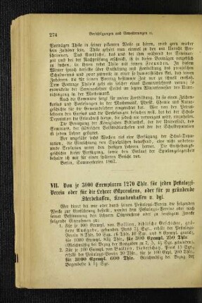 Von je 3000 Exemplaren 1270 Thlr. für jeden Pestalozzi-Verein oder für die Lehrer Ostpreußens, oder für zu gründende Sterbekassen, Krankenkassen u. dgl.