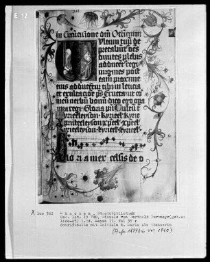 Fünfbändiges Missale von Berthold Furtmeyr — Erster Band — Initiale M (ultum) mit Maria im Wochenbett, Folio 35recto