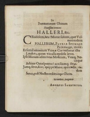 In praematurum Obitum beatissimi Domini Halleri ...