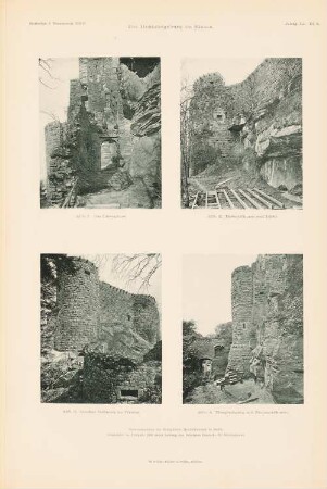 Hohkönigsburg im Elsass, Oschweiler Wiederherstellung: Zustand vorm Wiederaufbau: Ansichten Löwentor, Batterieturm, Großes Bollwerk und Haupteingang mit Brunnenturm (aus: Atlas zur Zeitschrift für Bauwesen, hrsg. v. Ministerium der öffentlichen Arbeiten, Jg. 51, 1901)