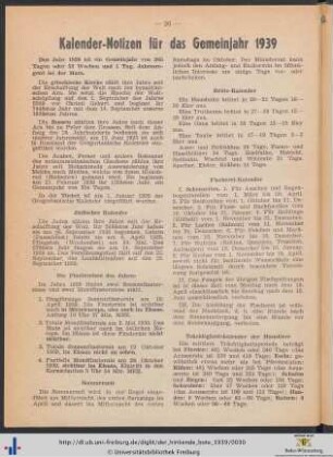 Kalender-Notizen für das Gemeinjahr 1939.
