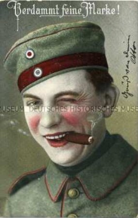 Postkarte mit rauchendem Soldat