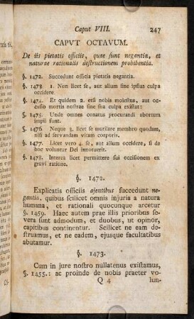 247-255, Caput Octavum. De iis pietatis officiis, quae sunt negantia, et naturae rationalis destructionem prohibentia.