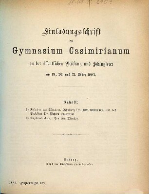 Einladungsschrift des Gymnasium Casimirianum zu Coburg zur Schlußfeier. 1882/83