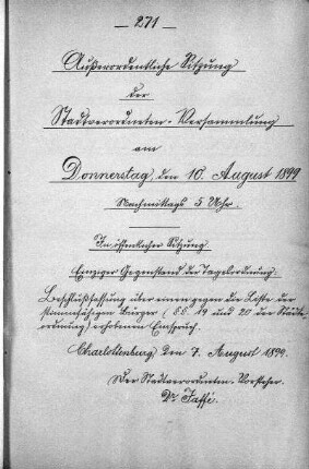 Außerordentliche Sitzung, 10. August 1899