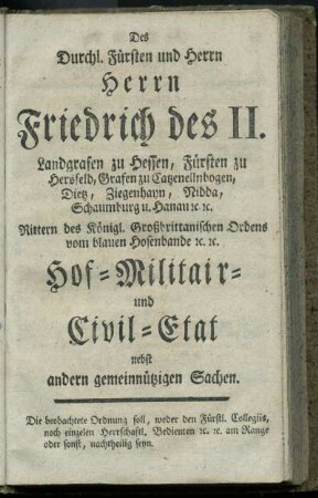 Hof- Militair- und Civil-Etat nebst andern gemeinnuetzigen Sachen