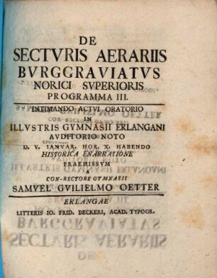 De secturis aerariis burggraviatus Norici superioris Programma III.