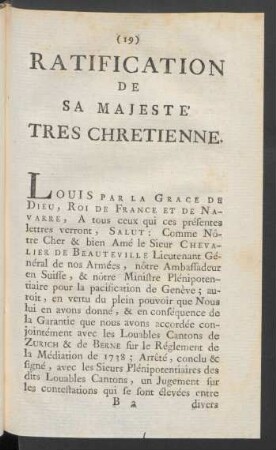Ratification De Sa Majesté Tres Chretienne