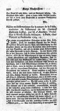 Fables et Dissertationes sur la nature de la Fable.