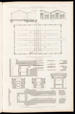 Wagenrevisionsschuppen der Niederschlesisch-Märkische Eisenbahn, Frankfurt/Oder: Grundriss, Ansicht, Querschnitt, Details (aus: Atlas zur Zeitschrift für Bauwesen, hrsg. v. G. Erbkam, Jg. 15, 1865)