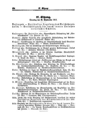 87. Sitzung. Dienstag den 30. September 1919