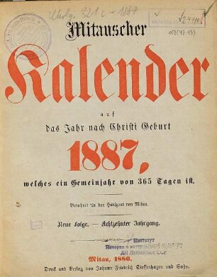 Mitauscher Kalender : auf das Jahr nach Christi Geburt .... 1887 = N.F., Jg. 18 (1886)