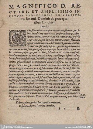 Magnifico D. Rectori, et Amplissimo in Clytae Tubingensis Universitatis Senatui, Dominis et praeceptoribus suis observandis.
