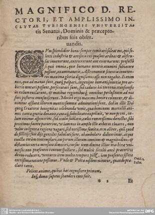 Magnifico D. Rectori, et Amplissimo in Clytae Tubingensis Universitatis Senatui, Dominis et praeceptoribus suis observandis.