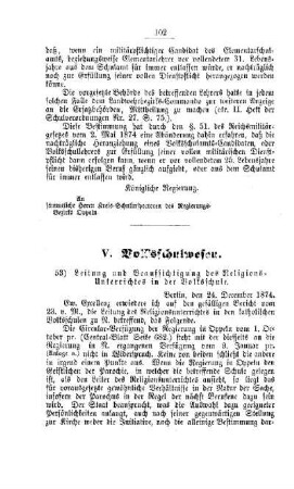 Leitung und Beaufsichtigung des Religions-Unterrichts in der Volksschule : [V. Volksschulwesen]