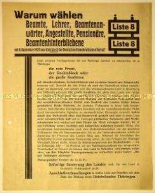 Programmatischer Wahlaufruf der Deutschen Demokratischen Partei gegen rote Front und Rechtsblock zu den Thüringer Landtagswahlen