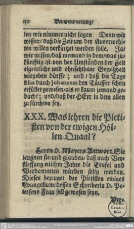 XXX. Was lehren die Pietisten von der ewigen Höllen-Quaal?
