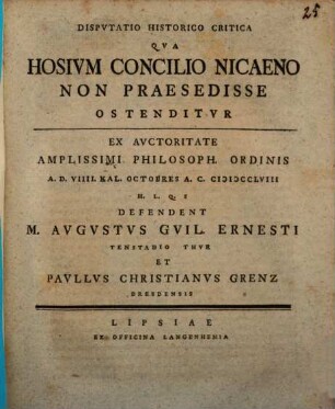 Disp. hist. crit. qua Hosium concilio Nicaeno non praesedisse ostenditur