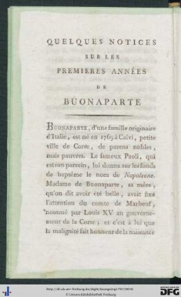 Quelques Notices Sur Les Premieres Années De Buonaparte.