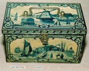 Blechdose mit schwenkbarem Henkel und Verschluss für ? (Abbildung holländischer Motive mit Windmühle, Booten und Häusern am Wasser)
