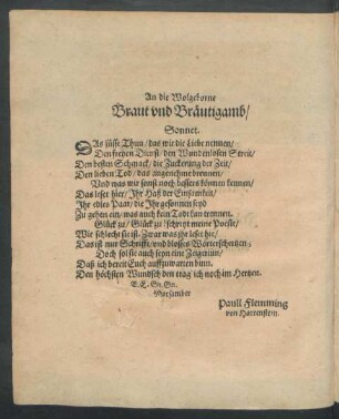An die Wolgeborne Braut und Bräutigamb/ Sonnet.