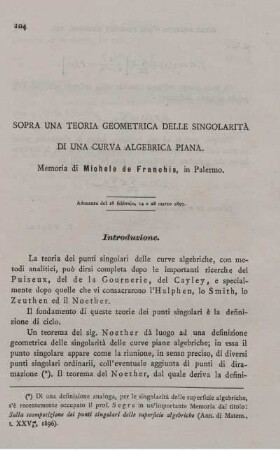 Sopra una teoria geometrica delle singolarità di una curva algebrica piana.