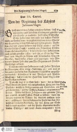 Das III. Capitel. Von der Regierung des Käysers Justiniani Magni.
