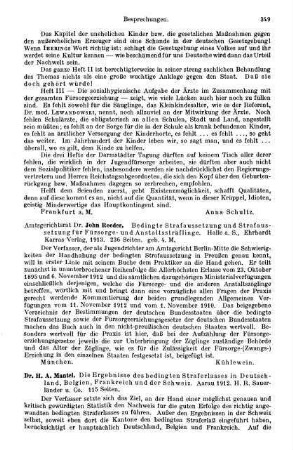 349, John Roeder. Bedingte Strafaussetzung und Strafaussetzung für Fürsorge- und Anstaltshäftlinge. 1913