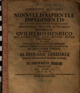 Dissertatio Academica De Nonnullis Sapientiae Impedimentis