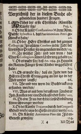 Verzeichnisz der in diesem Buche abgehandelten hundert Fragen