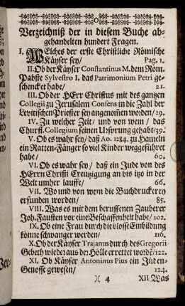 Verzeichnisz der in diesem Buche abgehandelten hundert Fragen